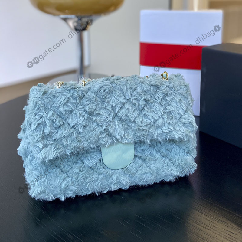 

Fall Winter French Designer Double Flap Bags Plush 4 Color Hairy Gold Hardware Classic Handbags Portable Crossbody Shoulder Sacoche Purse Pochette Wallet 25x15cm, Blue