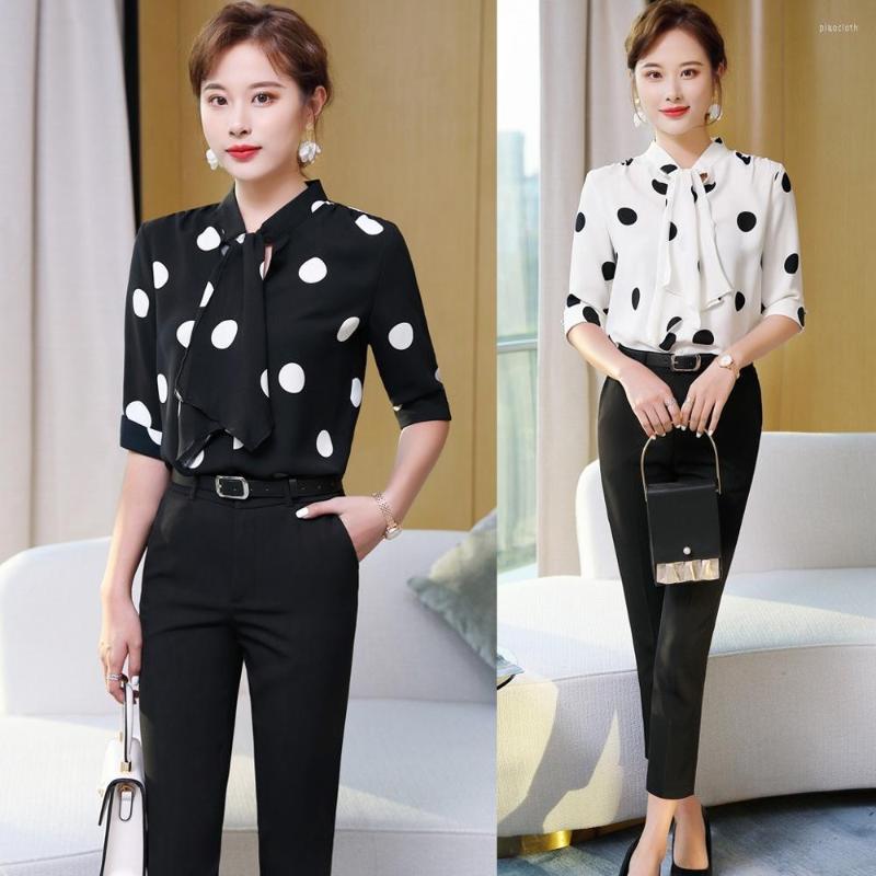 

Women' Blouses Fashion Women & Shirts Office Ladies 2 Piece Pant And Tops Sets Work Wear Half Sleeve Black Polka Dots, Blouse only