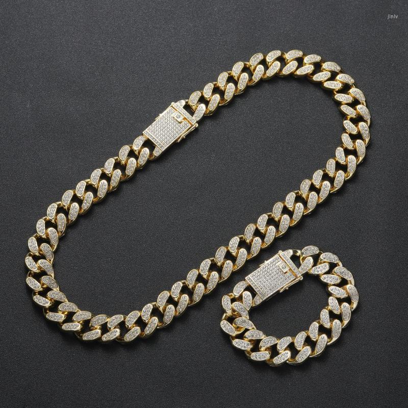 

Necklace Earrings Set & Miami Curb Cuban Chain Bracelet Women Men 20mm Big Gold Color Iced Out Paved Rhinestones Hip Hop Jewelry Box ClaspEa, Picture shown