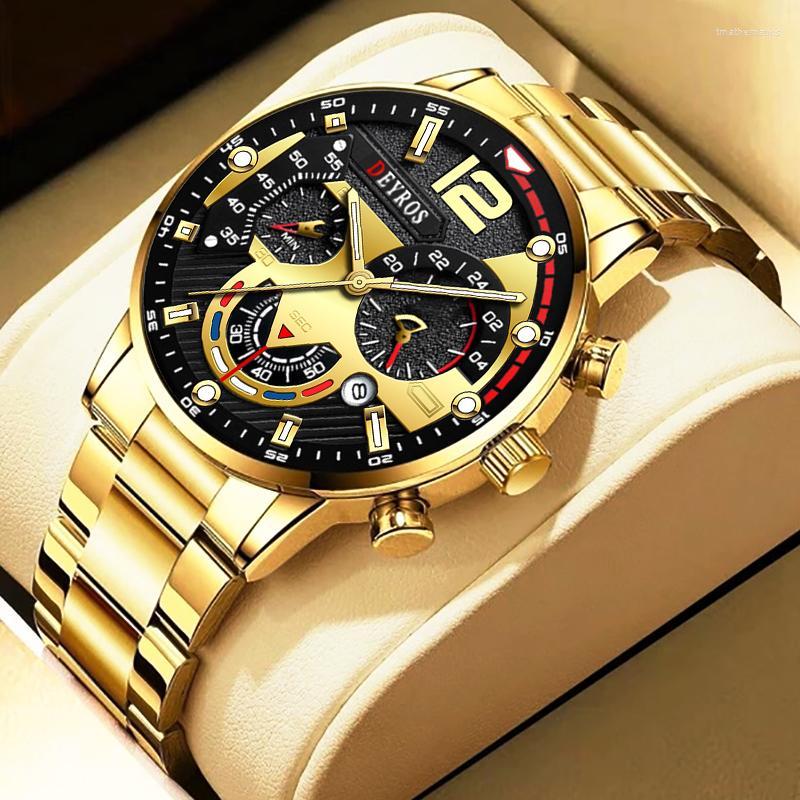 

Wristwatches Luxury Mens Watches Fashion Gold Stainless Steel Quartz Wrist Watch Calendar Luminous Clock Men Business Casual Leather WatchWr, Leather black gold