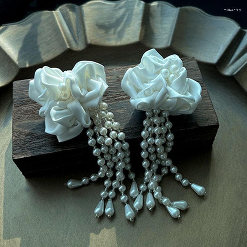 

Backs Earrings Imitation Pearl Ear Clips French White Bridal Flower Tassel For Women Girl Elegant Fashion Party Jewelry Accessories