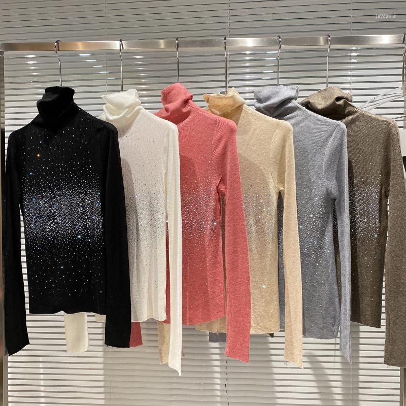 

Women's Sweaters 2022 Autumn And Winter Women's Bottoming Shirt Rhinestone Gradient Color Stretch Slim High Neck Sweater, Black