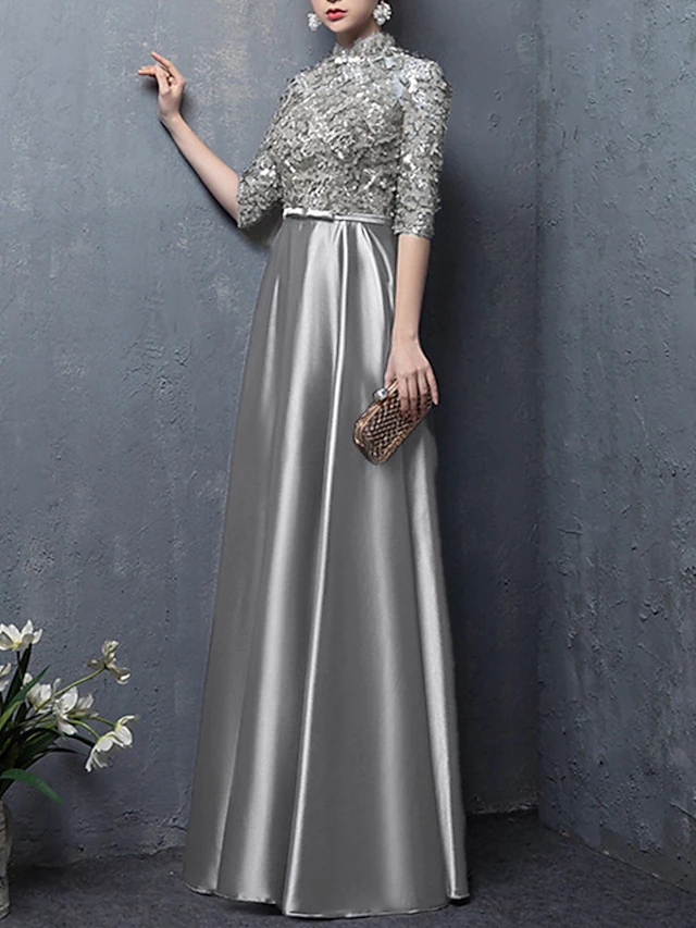 

Mother of the Bride dresses Trapezoidal elegant vintage high neck floor length satin half sleeve