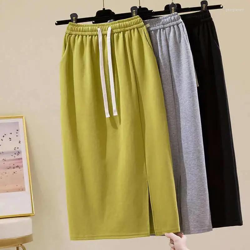 

Skirts Summer Cotton Skirt Women' Fashion Pocket Drawstring Elastic High Waist Mid-length Casual A-line Bag Hip One-step, Photo color