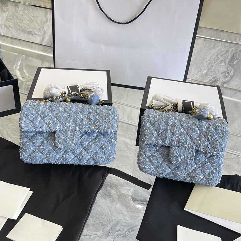 

Mini Flap Brand Designer Bags Lady Blue Denim Cowboy Crossbody Bag Classic Handbags Luxury Timeless Diamond Quilted Gold-Tone Ball, Blue 17cm