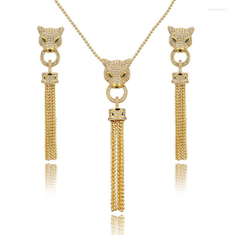 

Necklace Earrings Set & Classic Luxury Fashion 18K Gold Color Copper Zircon Leopard Head Mouth Bite Chain Pendant Jewelry SetEarrings, Picture shown