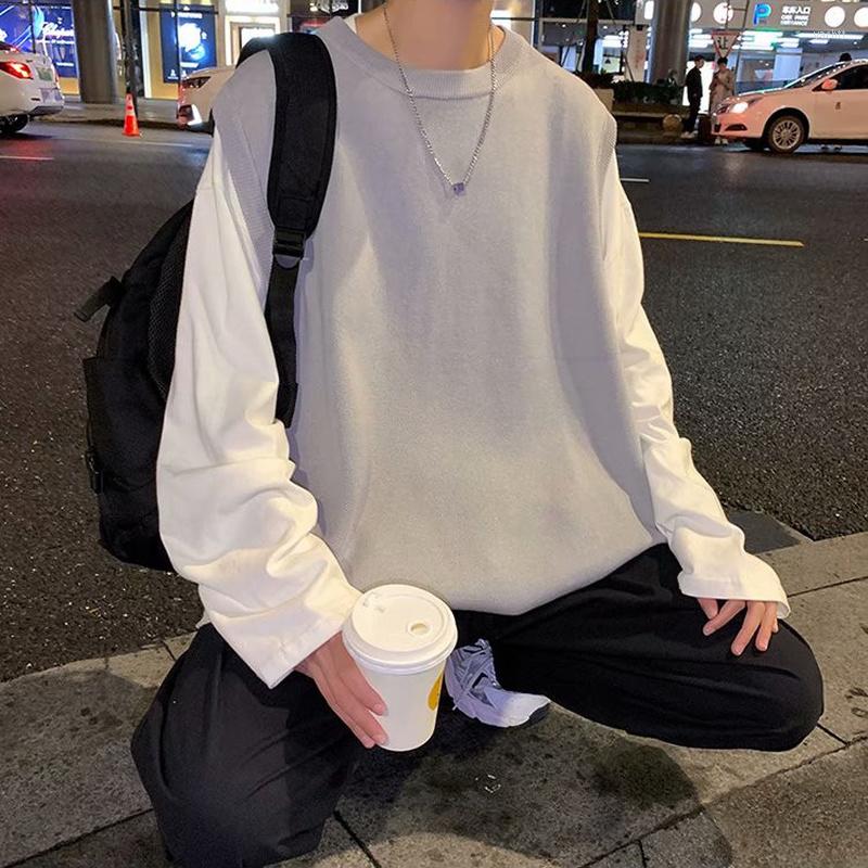 

Men's Vests E BOY Side-slit Sweater Men Solid O-neck Button Er Hipster Loose Knitted Students Jumpers Outwear Males, Black
