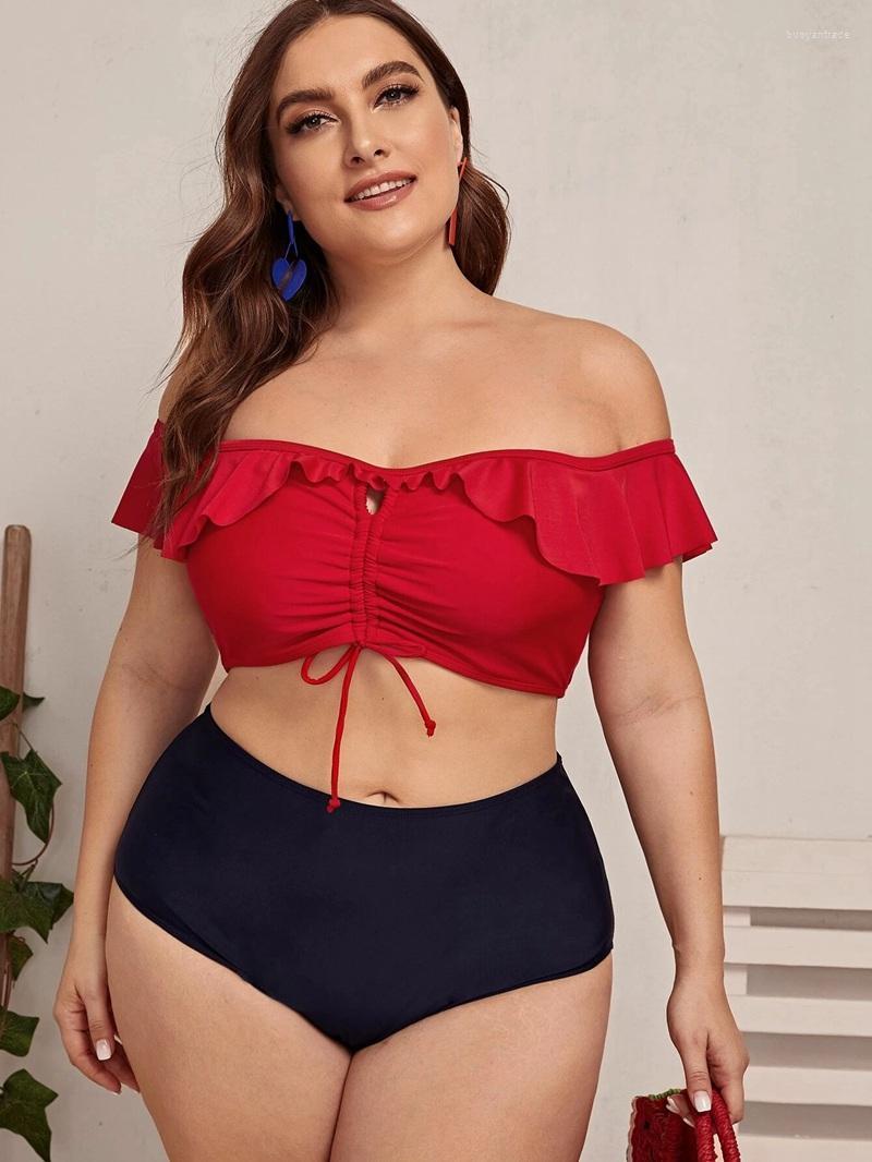 

Women's Swimwear Plus Size 2 Piece Sets Women Swimsuit High Waist Bikini Ruffled Bathing Suit Off Shoulder Large Swimming 2022 Women's, Red
