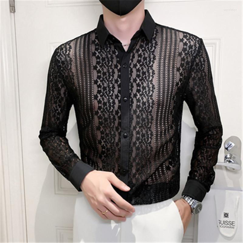 

Men's Casual Shirts Lace Up For Men Social Hollow Out Sexy Blouses Long Sleeve Streetwear Top Slim Camisa Party Designer Clothes 4XL, White shirt