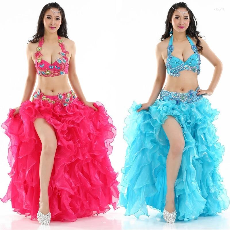 

Stage Wear FEECOLOR Professional Belly Dance Costume Waves Skirt Dress With Slit 12 Colors, Blue