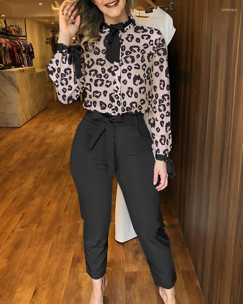 

Women' Two Piece Pants Leopard Print Top And Pocket Suit, White-stripes