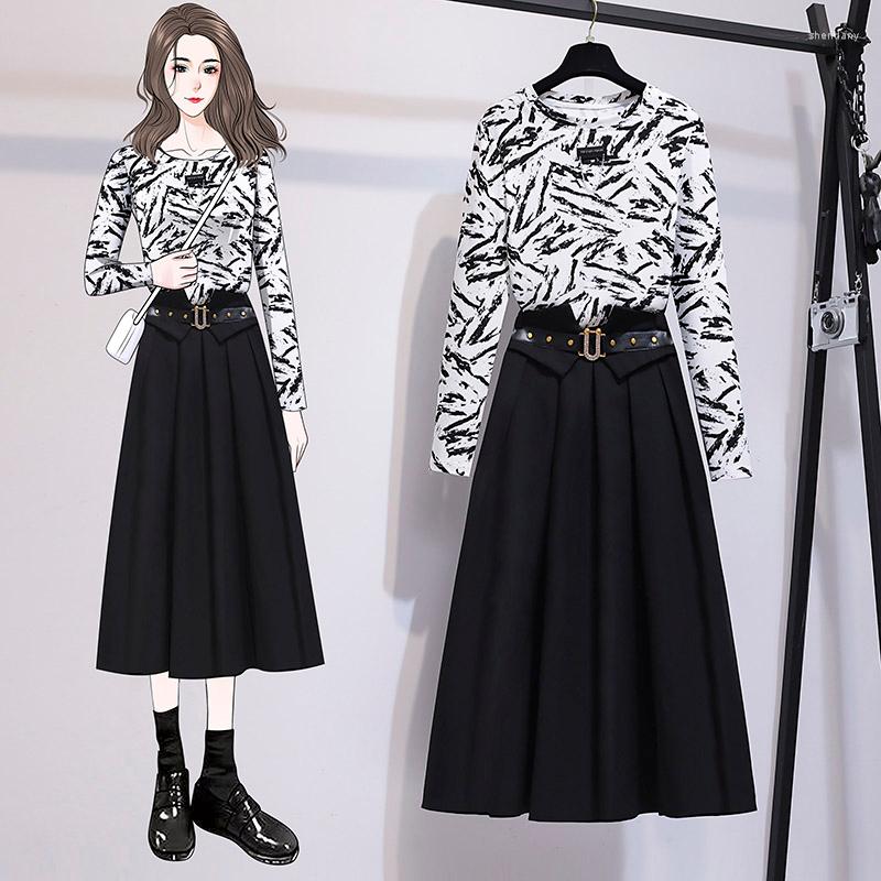 

Work Dresses Fashion 2022 Women' Spring Irregular Long Sleeve Printed T Shirt Elastic Waist A-Line Pleated Midi Skirts Two Pieces Sets, Picture color