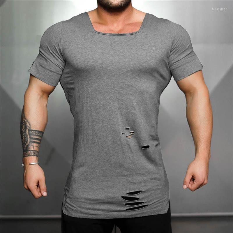 

Men's T Shirts Muscleguys 2022 Summer Fitness Shirt Men Ripped Hole T-shirts Square Neck Slim Fit Tees Hip Hop Extend Tshirt, White