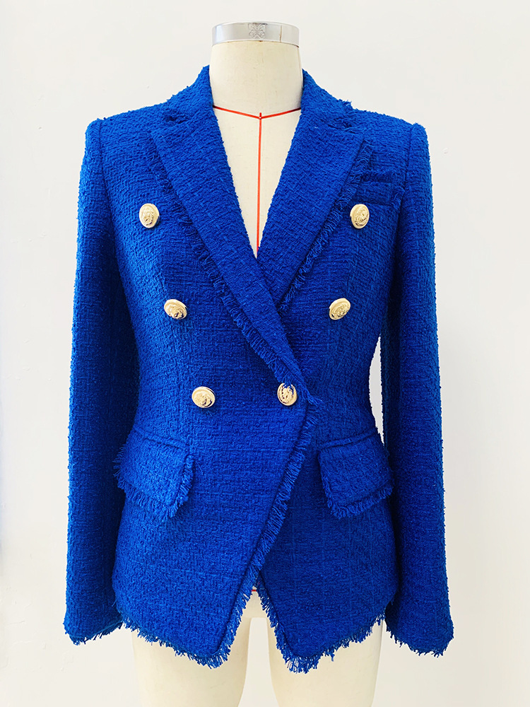 

High-quality tweed fringing lion buttons double-breasted blue blazer, 2542