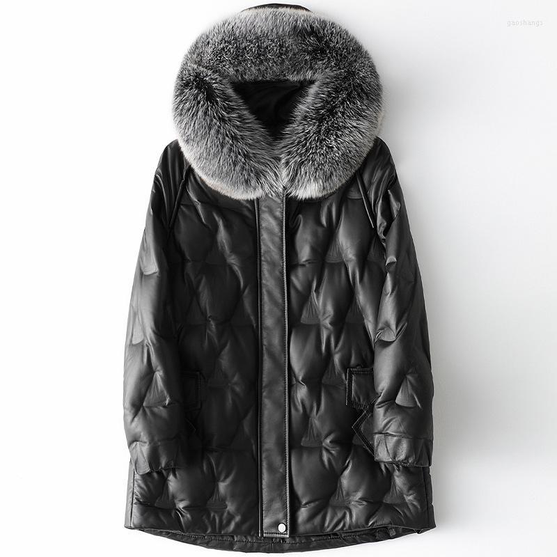 

Women' Leather High End Winter Fur Collar Down Jacket Women Hooded Medium Length Black Coat Quality Office Zipper Parka Women' & Faux