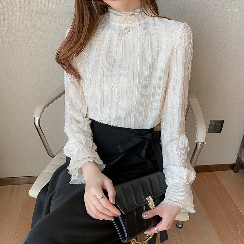 

Women' Blouses Chikichi 2022 Autumn Korean Fashion Lace Shirt Women' Long-sleeved Ruffled Half-high Neck Pullover Blouse Women, Apricot