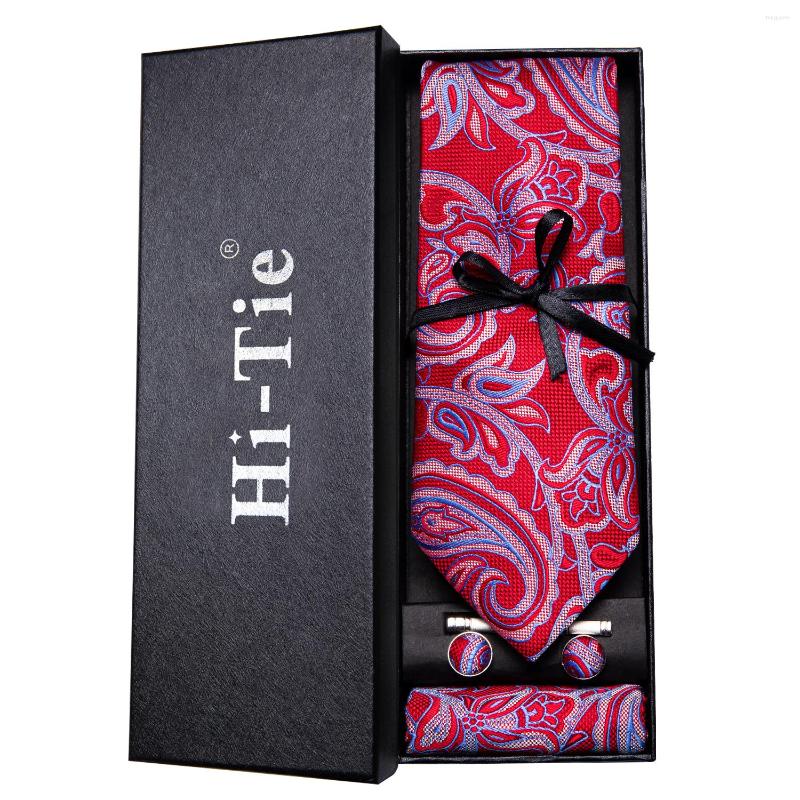 

Bow Ties Hi-Tie Silk Men's Tie Set Red Jacquard Paisley Hanky Cufflinks 8.5cm Large For Men Designer Wedding Party Necktie