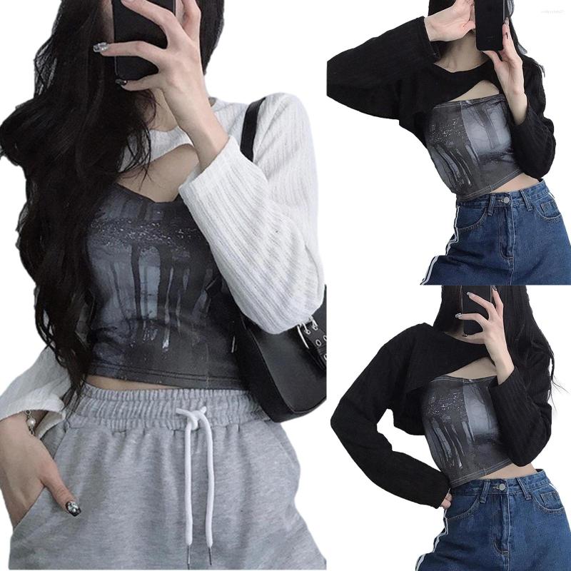 

Women' Sweaters Hirigin Girls Solid Color Round Collar Irregular Hem Long Sleeve Casual Loose Short Blouse Ladies Summer Autumn Knitted, Black