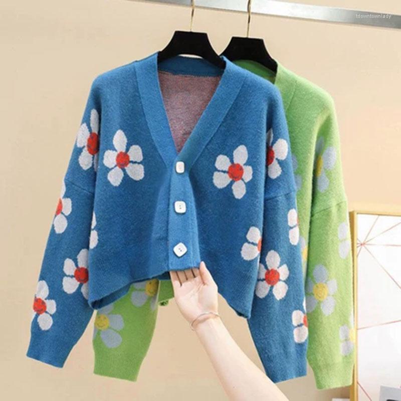 

Women's Knits Korean Literary Sunflower Knit Cardigan V-neck Horns BuckleWomen's Retro Slim Short Printed Wool Coat Trendy 2022, Sky blue