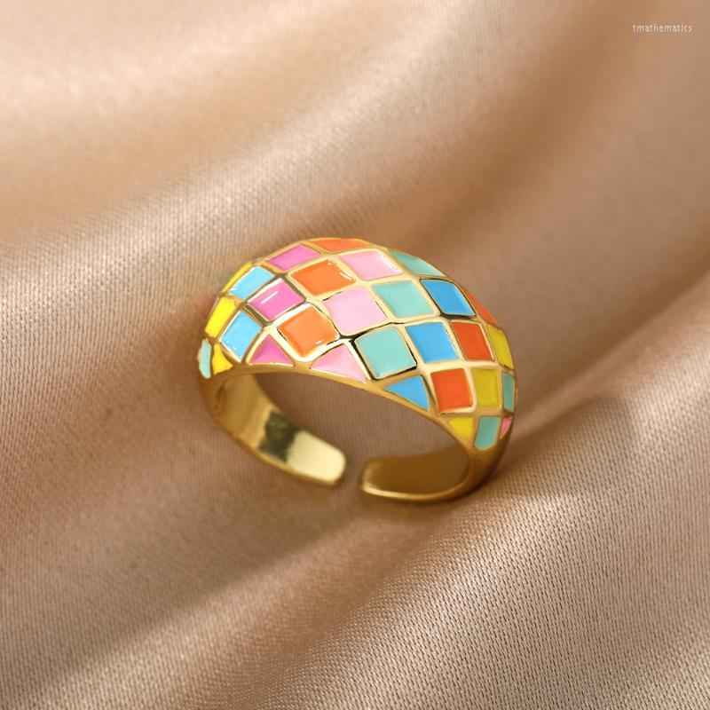

Cluster Rings Colorful Enamel For Women Adjustable Open Stainless Steel Finger Ring 2022 Trend Femme Aesthetic Jewelry Anillos MujerCluster