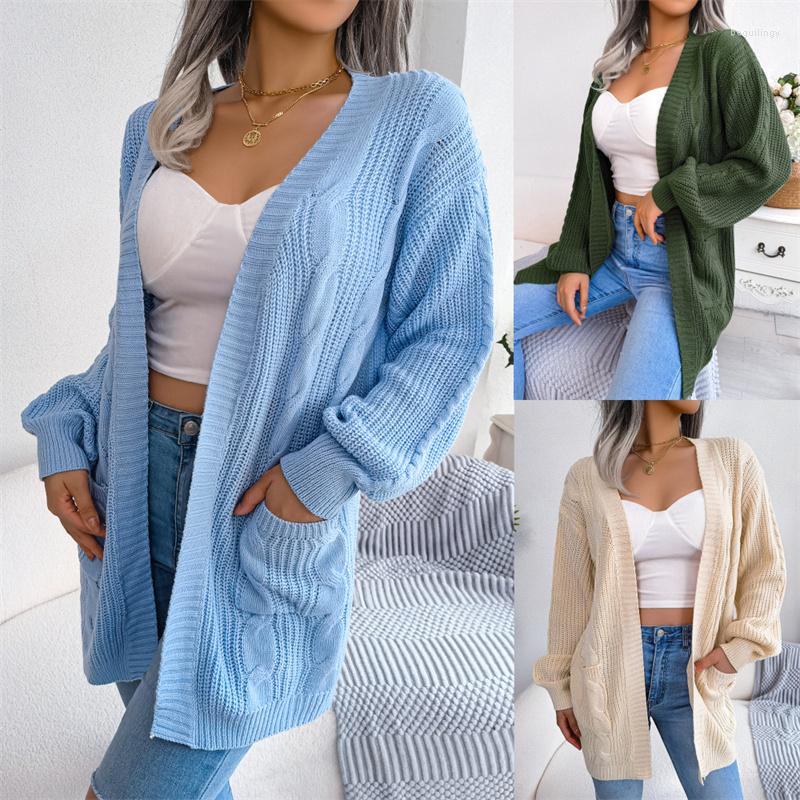 

Women' Knits Women' Solid Color Loose European And American Sweater Medium Length Cardigan, Army green