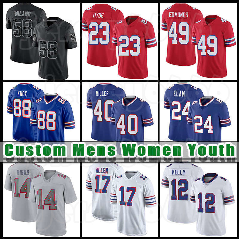 

40 Von Miller Dawson Knox Football Jerseys 17 Josh Allen Stefon Diggs Tre'Davious White Buffalos Poyer Matt Milano Billes Zack Moss Jim Kelly James Cook Kaiir Elam, Custom women (bier)