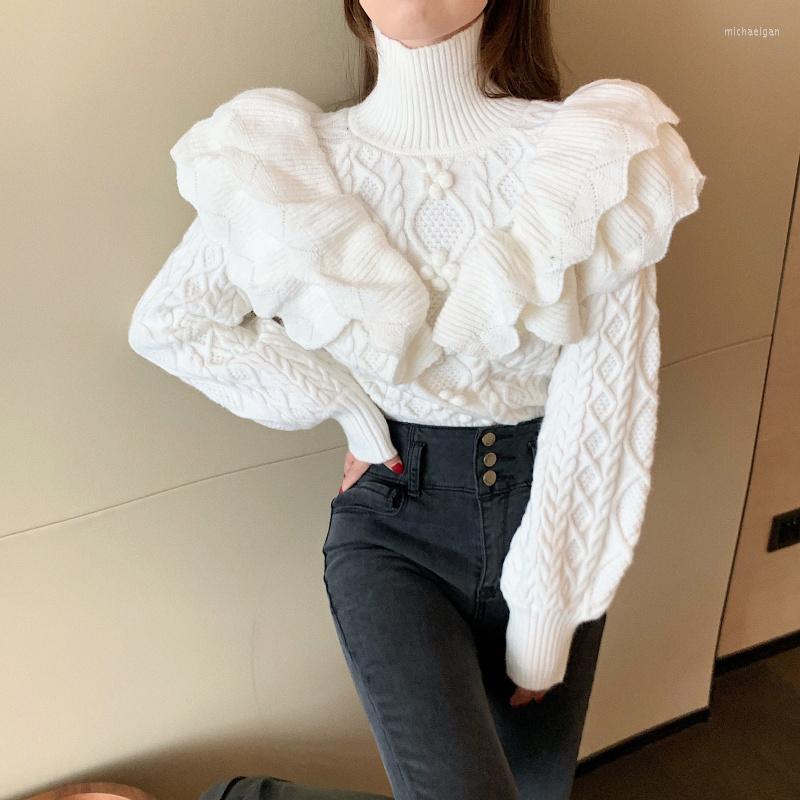 

Women's Sweaters 2022 Autumn Winter Women's White Elegant Slim Korean Turtleneck Sweater Solid Long Sleeve Ruffles All Match Casual Top, Whtie