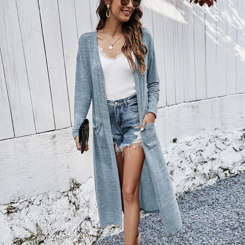 

Women' Knits Women Solid Double Pockets Cardigans Blue/gray/brown Spring Autumn Long Sleeve Sweater Coat Cardigan Femme 2022 Women