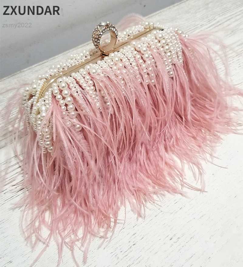 

Luxury Ostrich Feather Pink Party Evening Bag Pearl Tassel Women Purses And Handbags Wedding Designer Clutch Shoulder Chain Bags, Violet
