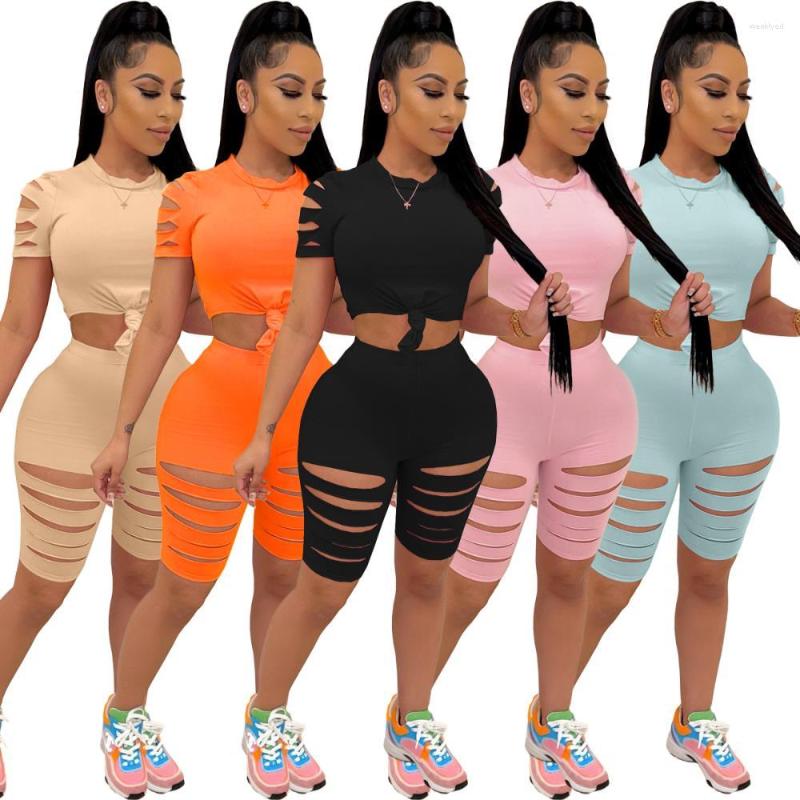 

Women' Tracksuits Casual Women' Activewear 2PCS Set Knot Front Crew Neck Short Sleeve T Shirt Tops Hollow Out Mini Jogger Shorts, Black