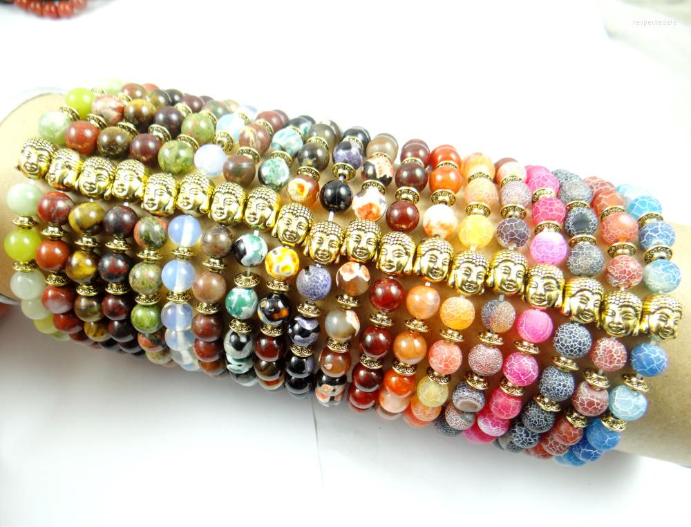 

Strand Gold Buddha Head 8MM Round Shape Natural Stone Bracelet Lapis Crystal Unakite Beaded Stretch