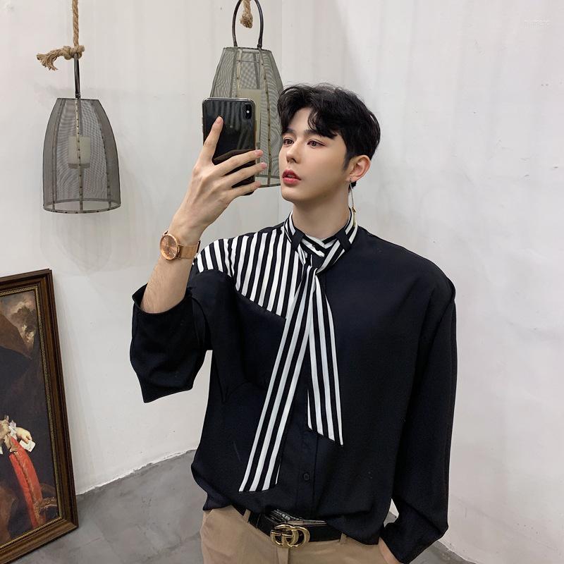 

Men's Casual Shirts Designer Irregular Stitching Tie Stand Collar Long Sleeve Shirt Men's Asymmetrical Fashion Show, Black