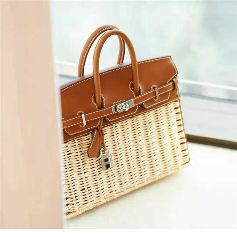 

Designer Herme bags handbag Vegetable Straw letter portable bu et fashion One Shoulder Messenger 2022 new woven vegetable basket children's summer, Dark brown