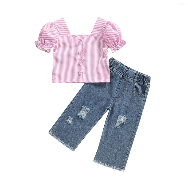 

Clothing Sets Little Baby Girls 2PCS Pants Set Short Puff Sleeve Striped Crop T-Shirt Ripped Long Denim Summer Cozy Outfits Suit 1-6T, Picture shown