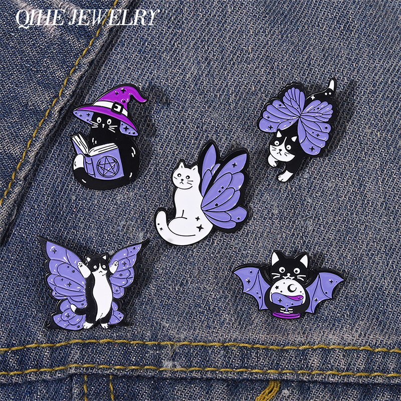 

Witch Enamel Pin Punk Black White Cat Brooch Magic Hat Badge Book Wings Lapel Animal Goth Halloween Purple Crystal Jewelry Gift
