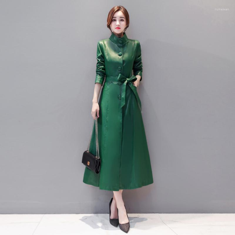 

Women's Leather 2022 Autumn Winter Women Jacket Fashion High-End Pu Coats X-Long Belted Slim Trench, Red