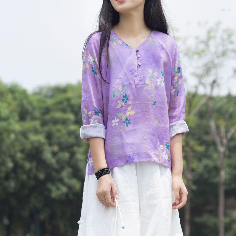 

Women's Blouses Women Summer V Neck Ramie Blouse Loose Print Shirt Female 2022 Tops, Purple