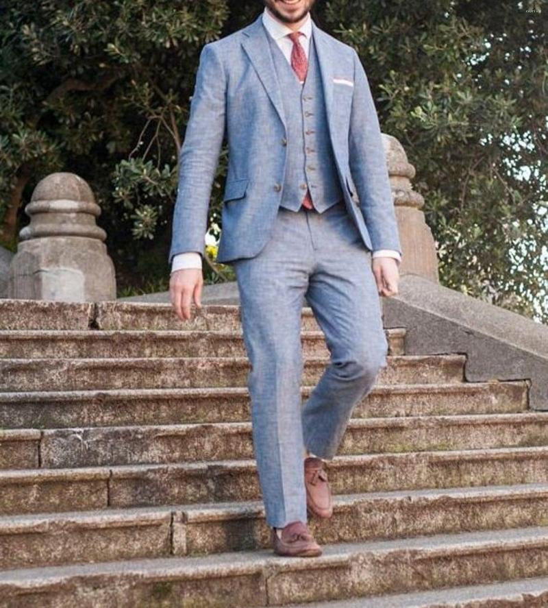 

Men's Suits Slim Fit Formal Men Wedding Tuxedos For Bridegroom Gray Linen Notch Lapel Three Pieces Jacket Pants Vest Costume Homme, Blue