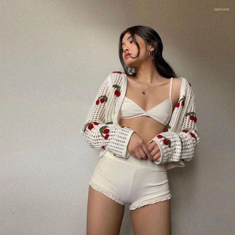 

Women' Knits Sexy Cherry Printing Knitted Sweaters Cardigan Casual Long Sleev Hollow Pearl Button Mesh Knit Short Coat Bottom Women, White