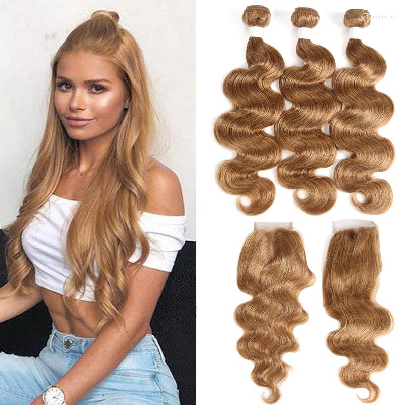 

Human Hair Bulks Brazilian Body Wave Bundles With Closure 4x4 SOKU Honey Blonde Brown Weave Remy