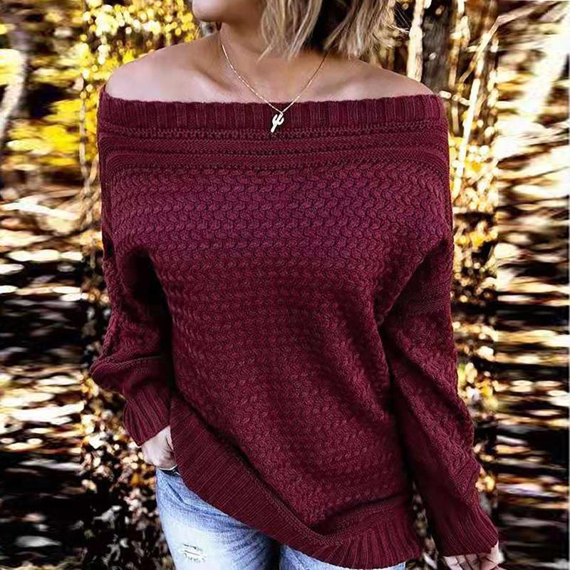 

Women' Sweaters 2022 Autumn Women' Loose Slash Neck Sweater Comfy Knitted Solid Color Pullovers Streetwear Casual Casacos, Burgundy