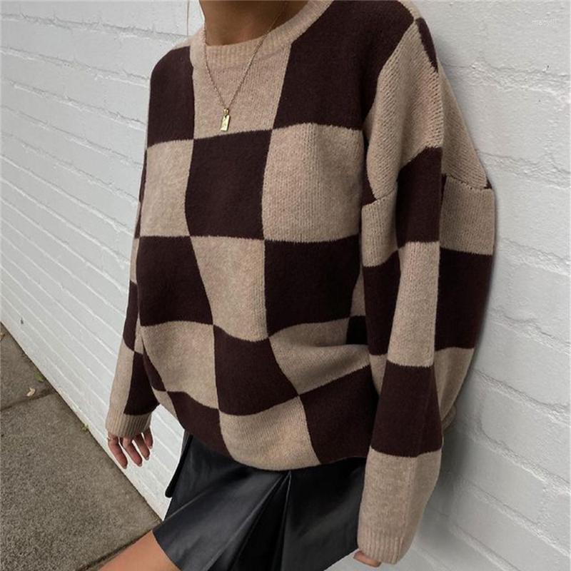 

Women' Sweaters 2022 Plaid Pull Oversize Women Autumn Winter Checked Sweater Jumper Vintage Basic Casual Pullovers Femme Khaki Top, Green