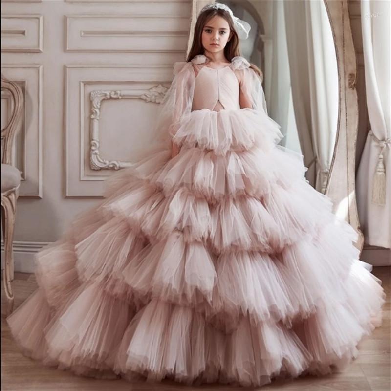 

Girl Dresses Princess Flower For Wedding V Neck Ruffles Tiered Skirts Toddler Pageant Gowns Tulle Children First Communion Dress, Yellow