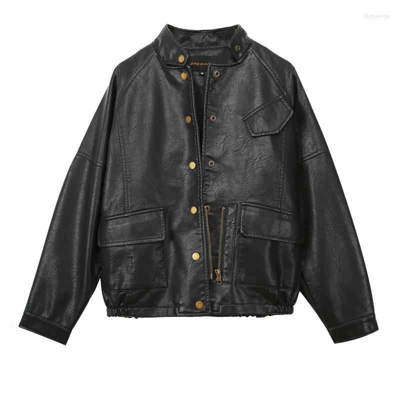 

Women' Leather Fashion Brand Women' Golden Color Buttons Pu Jackets Femalestabd Collar Locomotive Jacket Wq1718, Black
