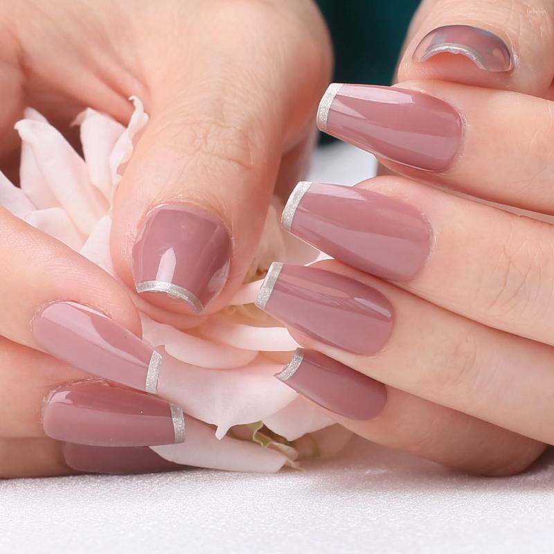 

False Nails Chestnut French Glitter Short Coffin Shaped Fake Gel Finish Brown Square Ballet Faux Ongles Press On, P10-02g
