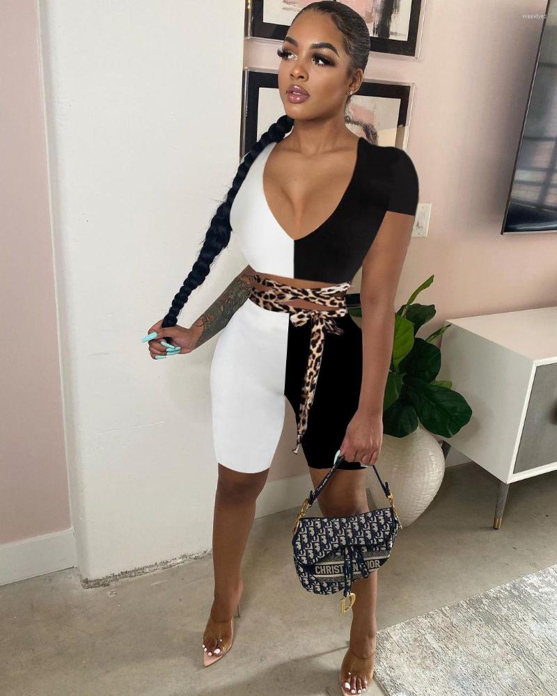 

Women' Tracksuits DPSDE 2022 Women Fashion Sexy Girl Style Sets Short Sleeve Top Elastic Pants Stitching Color Two Piece, Black