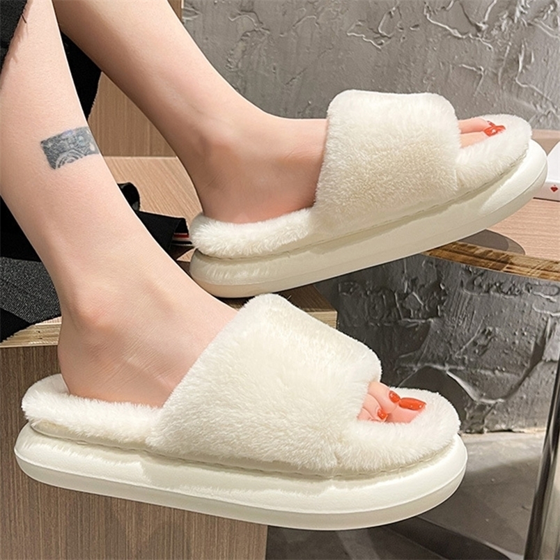 

Slippers Thick Fluffy Fur Women Winter House Warm Furry Flip Flops Home Slides Flat Indoor Floor Shoes 220930, White