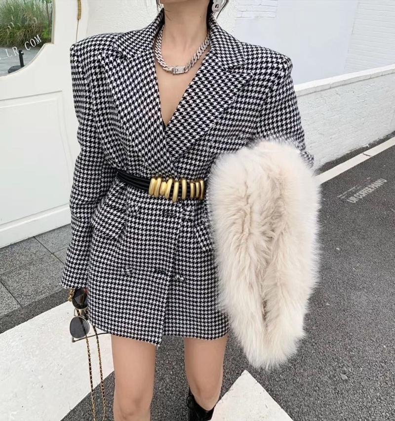 

Women' Suits Vintage Plaid Long Blazers Jacket High Street Sleeve Pockets Outwear Ladies Chic Blazer Dresses Spring Autumn