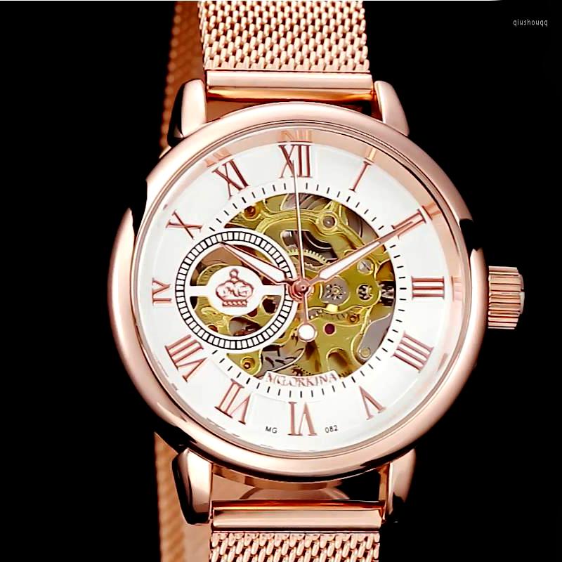 

Wristwatches Fashion Luxury Rose Gold Stainless Steel Mesh Strap Waterproof Ladies Automatic Skeleton Mechanical Watches Gift For Women, Mg082e