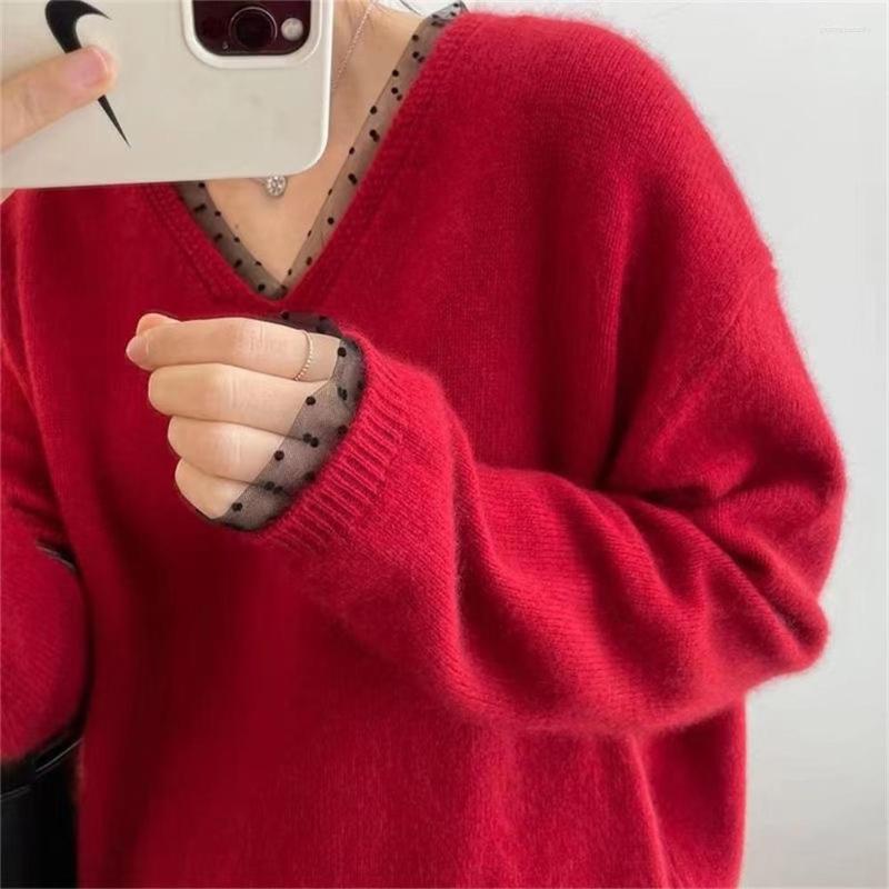 

Women's Sweaters 2022 Lace Patchworkv-neck Winter Sweater Women Long Sleeve Causal Pull Basic Knitted Pullovers Top H1563, Black